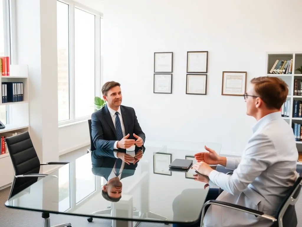 A professional business coach in a modern office setting, actively listening and providing guidance to a client during a one-on-one coaching session, emphasizing personalized support and strategic advice.