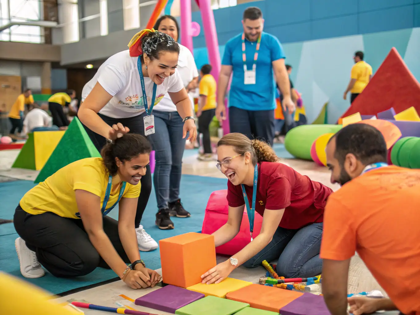 A group of professionals participating in a dynamic mindset workshop with engaging activities, illustrating the Mindset Transformation Workshops.