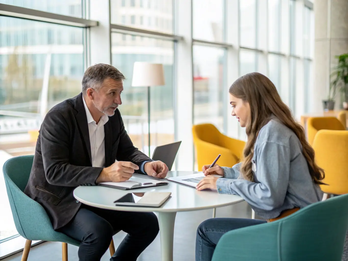 A coach and client engaged in a focused one-on-one session, discussing strategies and goals, representing Personalized Coaching Journeys.