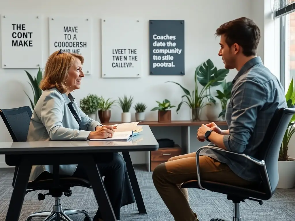 A supportive image of a business coach providing personalized guidance to a client during a one-on-one coaching session, fostering a strong connection and collaborative partnership.