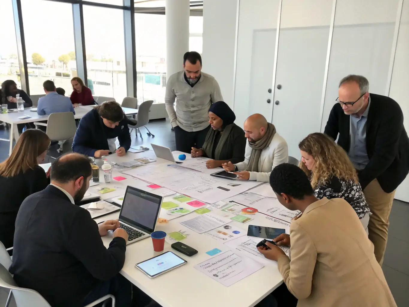 A group of diverse professionals participating in an interactive mindset transformation workshop, engaging in activities designed to challenge limiting beliefs and foster a growth-oriented attitude.