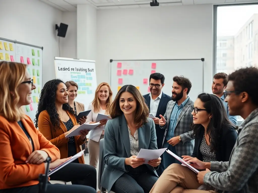 A dynamic image of a diverse group of professionals participating in a leadership workshop, actively engaged in discussions and collaborative activities, set in a modern conference room.