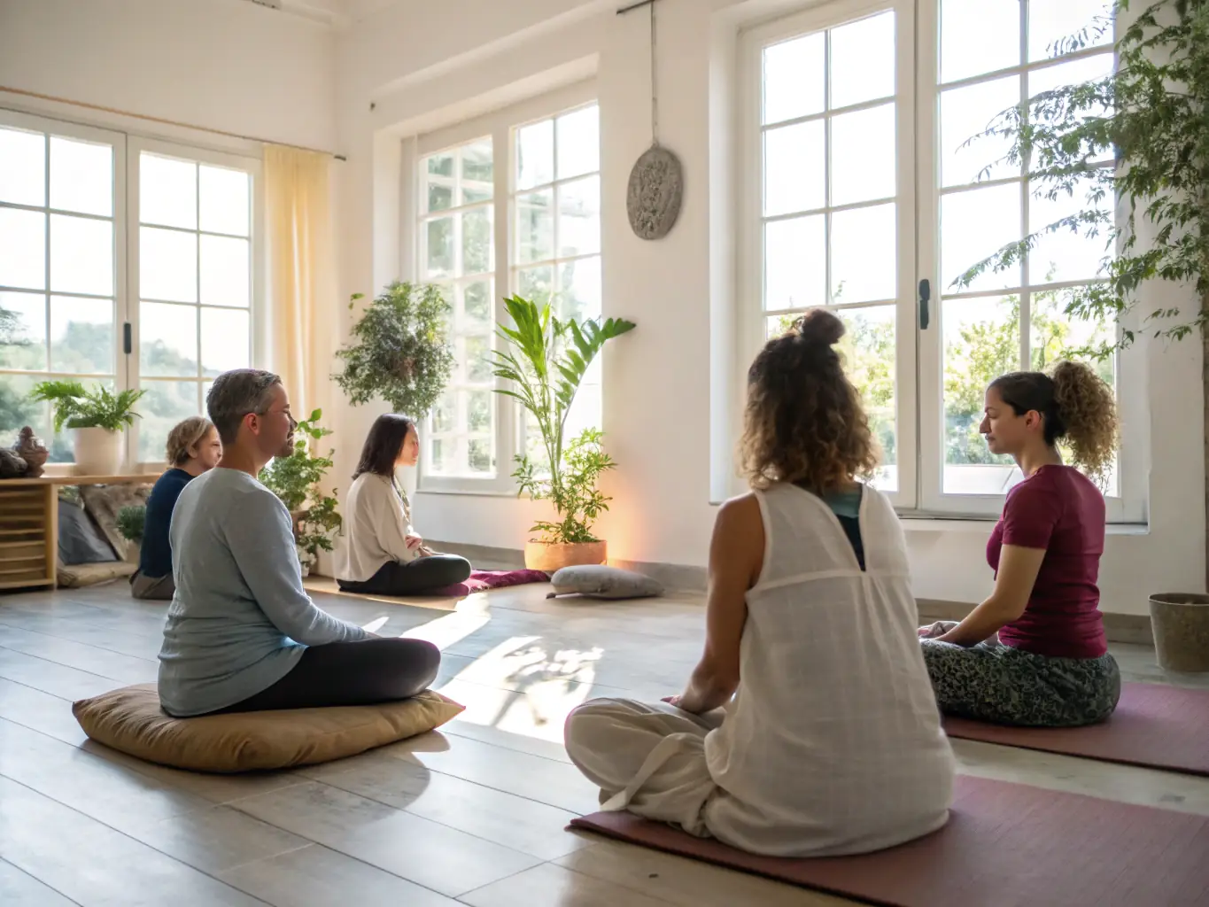 An inspiring image of individuals participating in a mindset transformation workshop, practicing mindfulness and visualization techniques in a serene and uplifting environment.